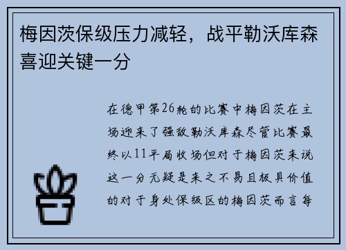 梅因茨保级压力减轻，战平勒沃库森喜迎关键一分