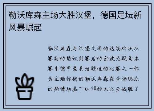 勒沃库森主场大胜汉堡，德国足坛新风暴崛起