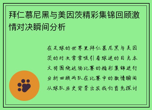 拜仁慕尼黑与美因茨精彩集锦回顾激情对决瞬间分析