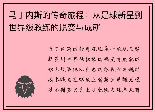 马丁内斯的传奇旅程：从足球新星到世界级教练的蜕变与成就