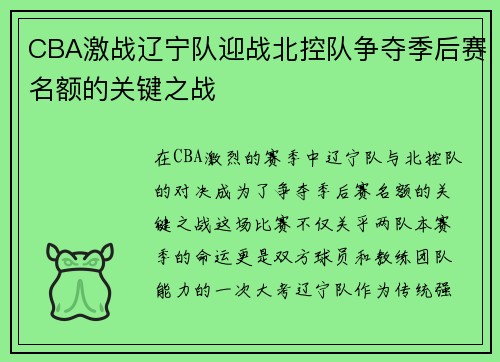 CBA激战辽宁队迎战北控队争夺季后赛名额的关键之战