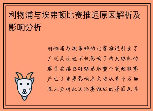 利物浦与埃弗顿比赛推迟原因解析及影响分析