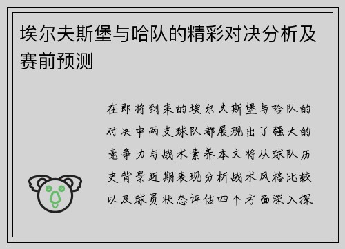 埃尔夫斯堡与哈队的精彩对决分析及赛前预测