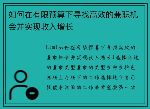 如何在有限预算下寻找高效的兼职机会并实现收入增长