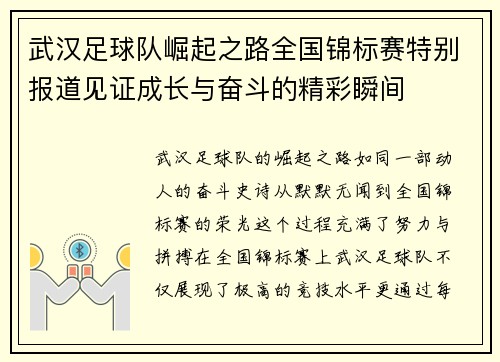 武汉足球队崛起之路全国锦标赛特别报道见证成长与奋斗的精彩瞬间