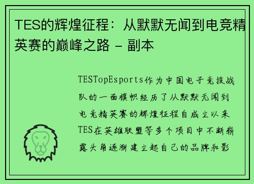 TES的辉煌征程：从默默无闻到电竞精英赛的巅峰之路 - 副本