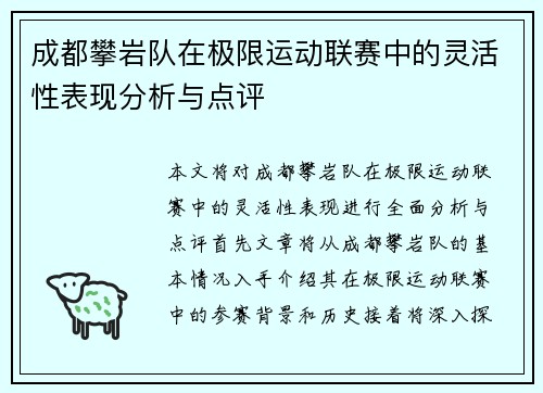 成都攀岩队在极限运动联赛中的灵活性表现分析与点评