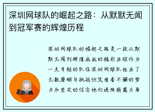 深圳网球队的崛起之路：从默默无闻到冠军赛的辉煌历程